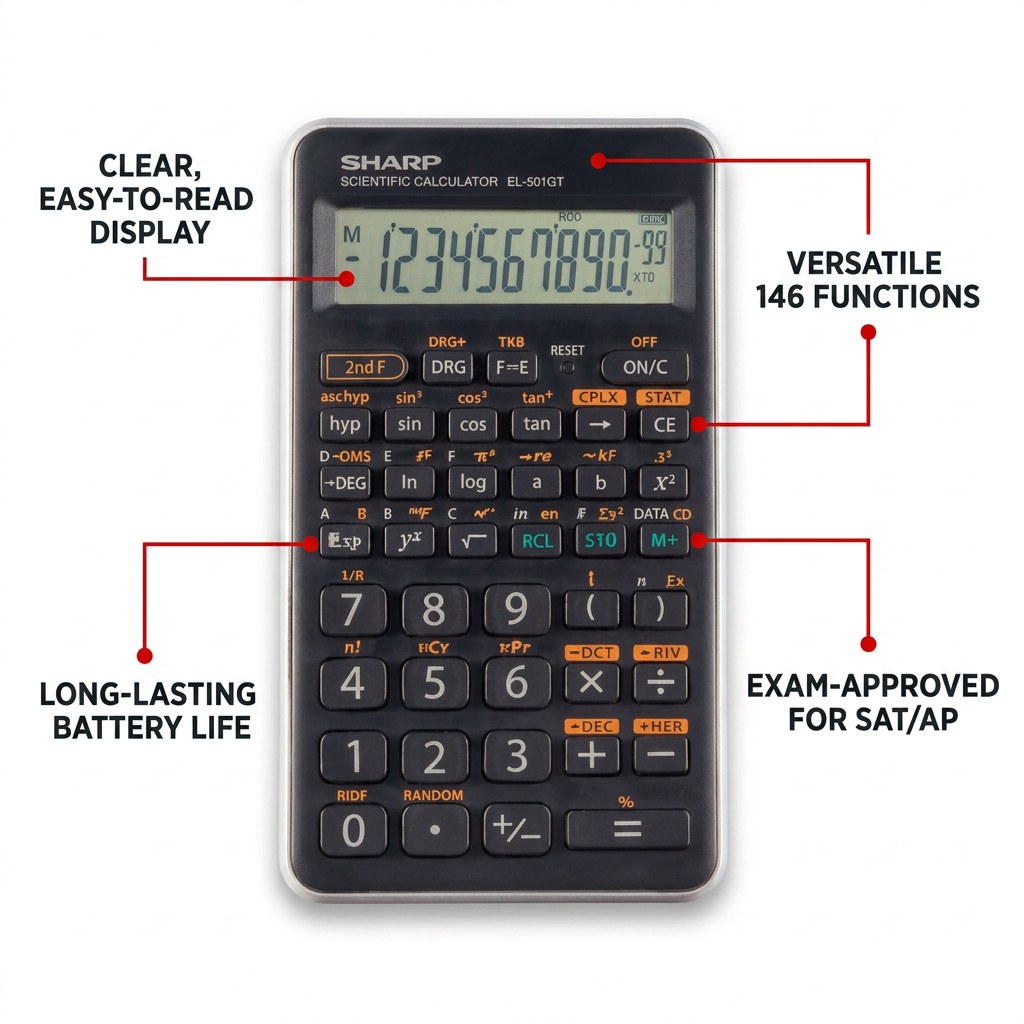 SHARP EL501XTGY Scientific Calculator with four red pointer lines highlighting key features: "CLEAR, EASY-TO-READ DISPLAY," "VERSATILE 146 FUNCTIONS," "LONG-LASTING BATTERY LIFE," and "EXAM-APPROVED FOR SAT/AP," on a white background.