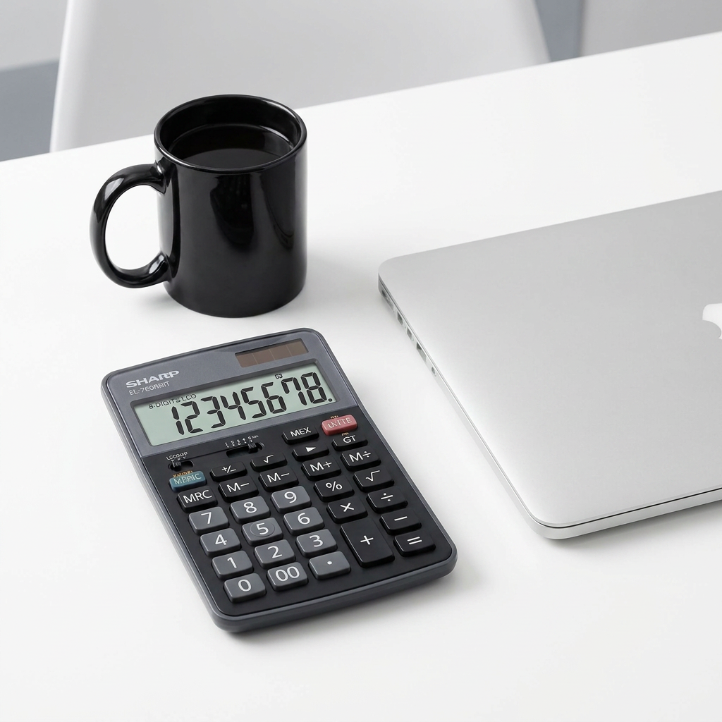 A photograph of the Sharp EL-760RMT calculator on a clean white desk next to a black coffee mug and a silver laptop, providing a scale reference.