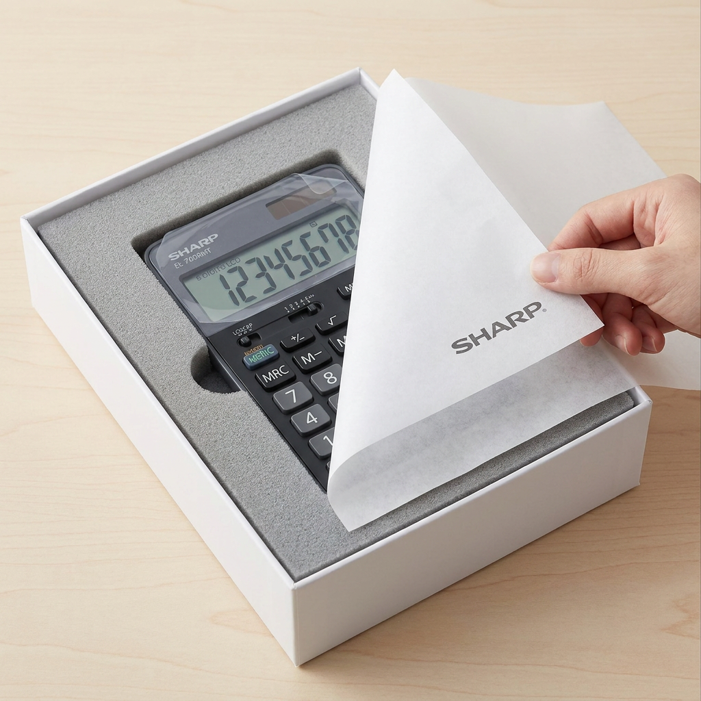 A hand gently lifts a white tissue paper with "SHARP." logo to reveal the SHARP EL-760RMT calculator in its secure foam packaging, illustrating careful and premium delivery.
