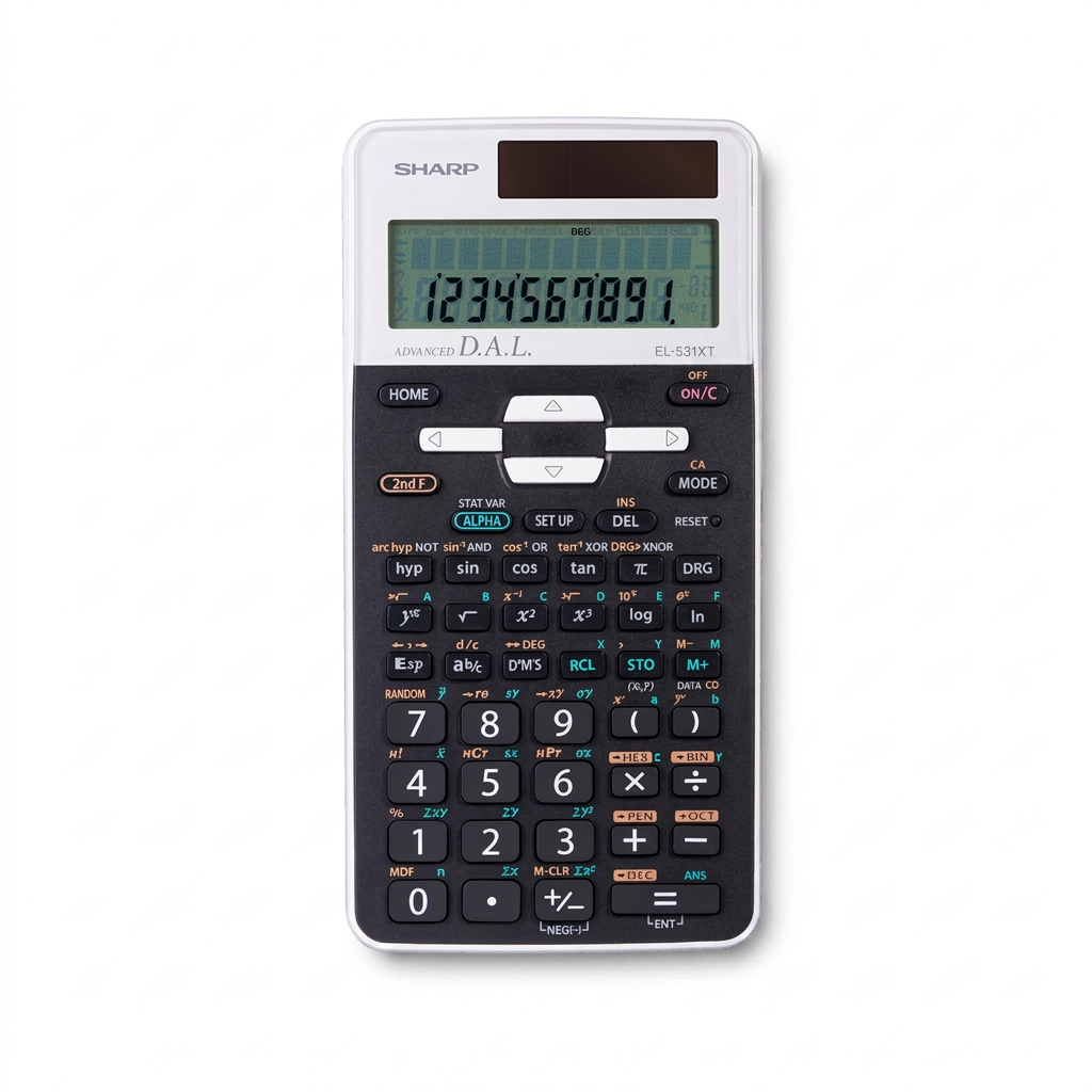 A high-resolution hero image of the white and black SHARP EL531XTWH scientific calculator, centered on a pure white background with a soft shadow. The calculator shows "1234567891." on its 2-line LCD screen and all original markings are sharp and clear.