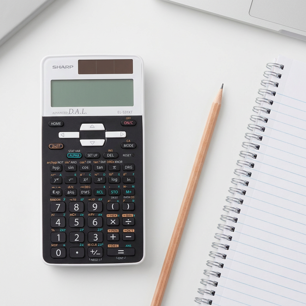 A top-down photograph of the Sharp EL531XTWH scientific calculator on a white desk surface, placed next to a wooden pencil and a spiral-bound notebook for scale. The minimalist setting is bright and clean.