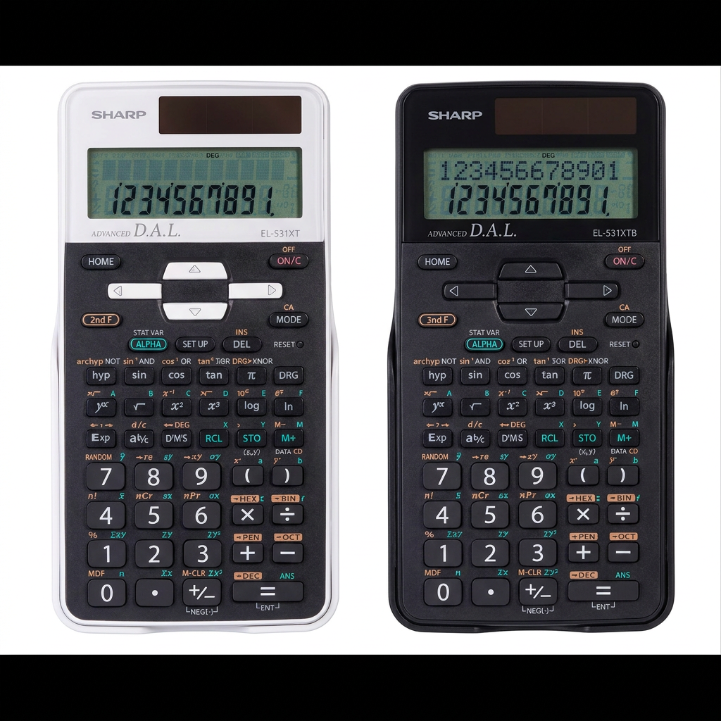 A studio photograph of a two-product matrix, side-by-side on a clean white surface. The left shows the white Sharp EL-531XT calculator, and the right shows a black version of the same model, both with their displays on.