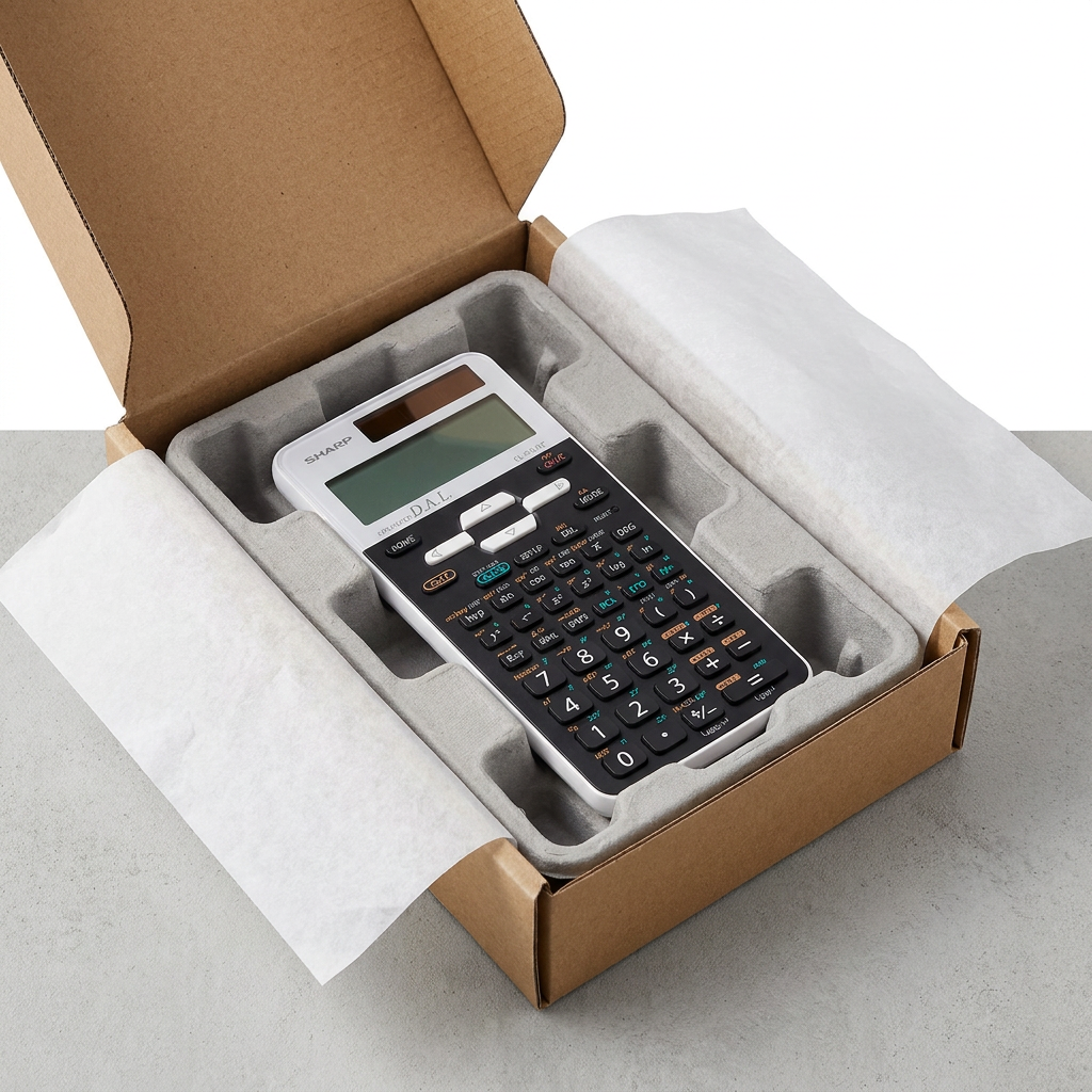 The SHARP calculator is shown packed inside a molded pulp tray within an open cardboard box, wrapped in tissue paper. The packaging ensures secure and confident delivery.