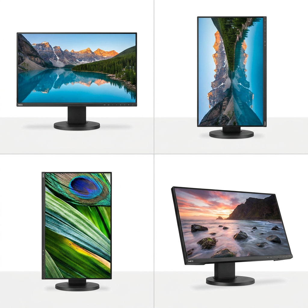 A four-panel matrix showing the SHARP/NEC EA245WMI-BK monitor in various configurations: standard landscape, portrait, and tilted view.