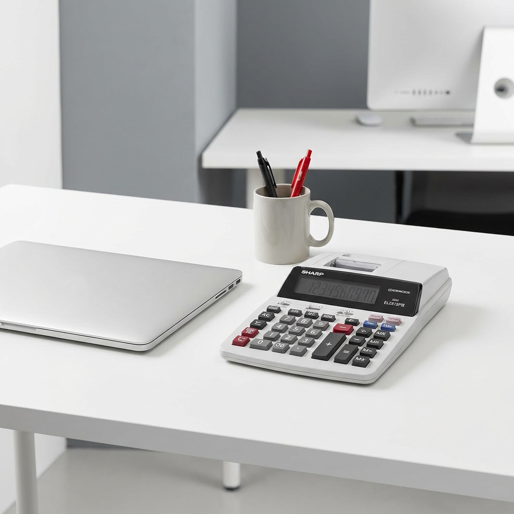 The Sharp EL2615PIII calculator is shown on a white desk next to a laptop for size reference.