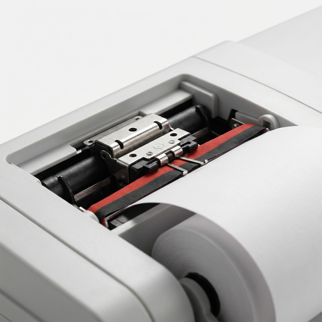 An extreme close-up photograph of the Sharp EL2615PIII calculator's internal printer mechanism. The metal print head, red and black ink ribbon, and paper feed are shown in high detail with premium, directional lighting against a clean white background.
