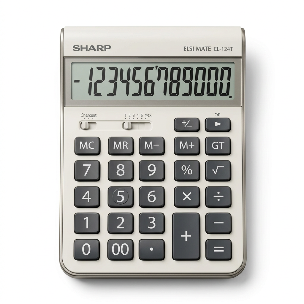 A high-resolution studio shot of the Sharp EL124TGY ELSI MATE 12-digit calculator, centered on a pure white background.