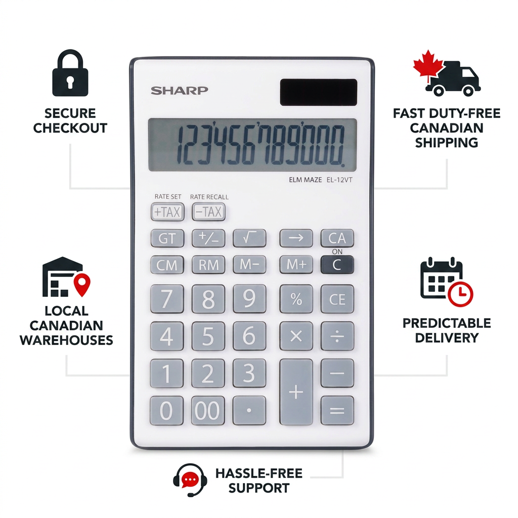 This e-commerce infographic features the SHARP EL124TGY calculator with a prominent "SHARP" logo. Surrounding the central product are five trust cues, each with a black icon and red accent: a lock for "SECURE CHECKOUT," a Canada-branded truck for "FAST DUTY-FREE CANADIAN SHIPPING," a warehouse with a pin for "LOCAL CANADIAN WAREHOUSES," a calendar with a clock for "PREDICTABLE DELIVERY," and a headset for "HASSLE-FREE SUPPORT." The background is clean white.