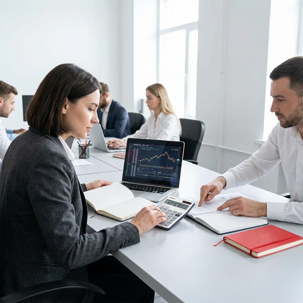 A professional woman in a charcoal blazer uses the white Sharp EL124TGY calculator for data analysis while her colleague points to a document, in a modern, minimalist office setting that implies trust and efficiency.