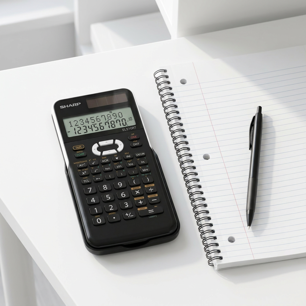 A sharp EL510RT scientific calculator rests on a clean white desk next to a spiral notebook and pen for scale.