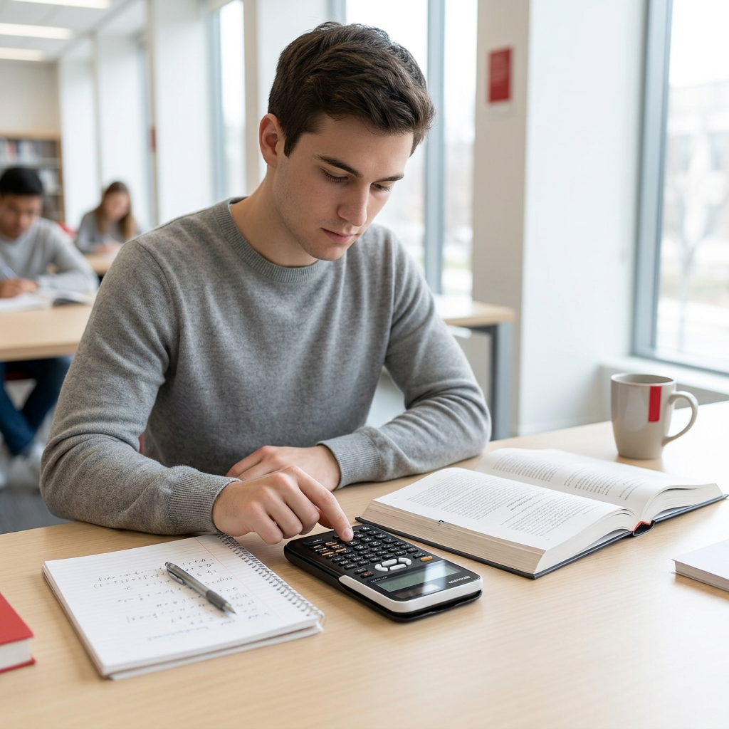 A university student in a grey sweater is studying in a bright library, using the black Sharp EL510RT scientific calculator on a wooden desk. He is surrounded by books and a notebook.