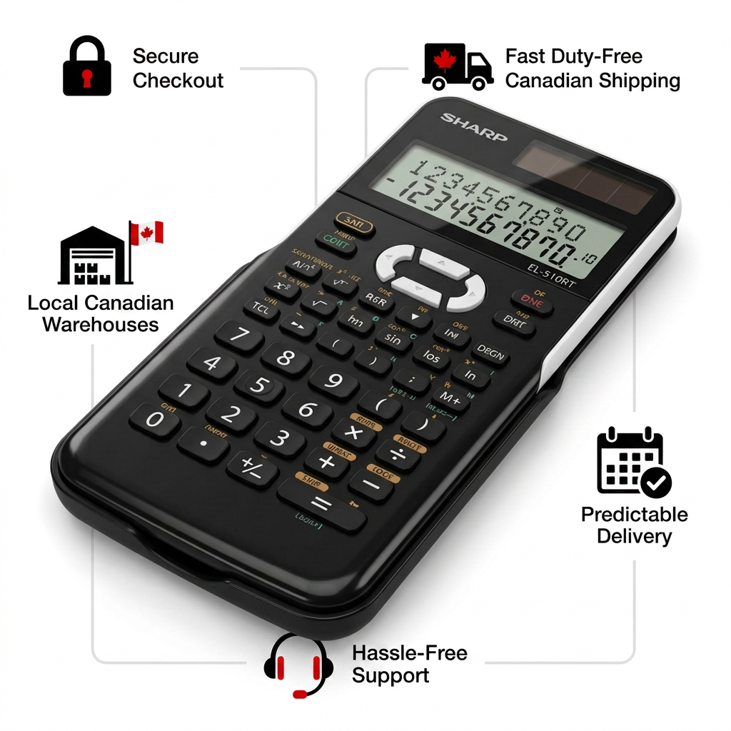 A trust infographic featuring the SHARP EL510RT calculator. Five icon modules highlight secure checkout, fast duty-free Canadian shipping, local warehouses, predictable delivery, and hassle-free support using a clean black, white, and red color scheme.