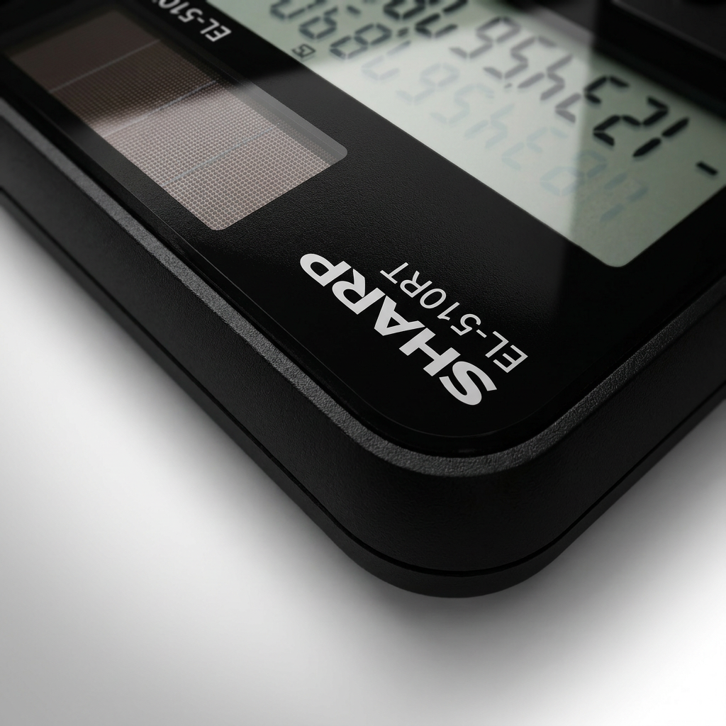 Extreme close-up of the top corner of a black SHARP EL510RT calculator, showing the textured solar panel and the SHARP logo with model number. The angle highlights the premium construction.