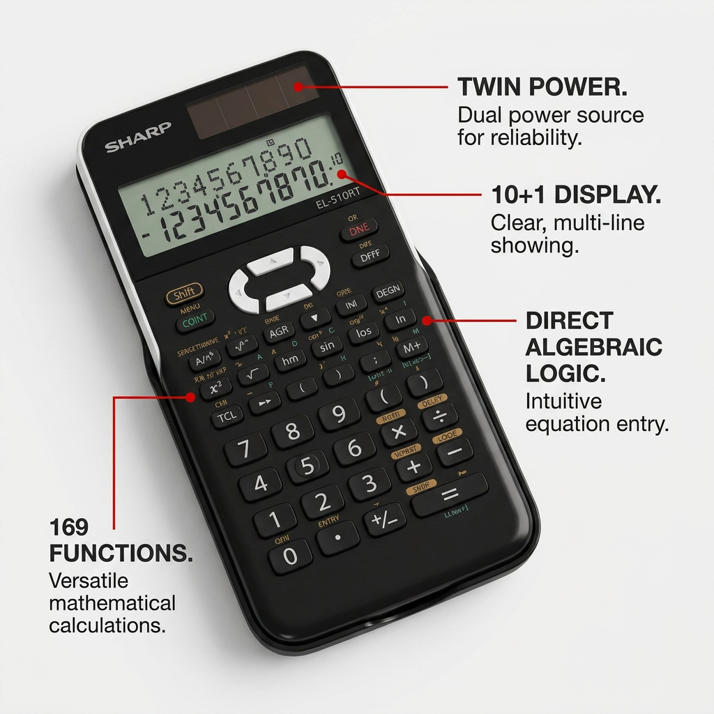 A polished e-commerce graphic showing the Sharp EL510RT scientific calculator. Four feature callouts with red pointers and dark text highlight Key capabilities: "TWIN POWER" for reliability, "10+1 DISPLAY" for clarity, "DIRECT ALGEBRAIC LOGIC" for intuitive entry, and "169 FUNCTIONS" for versatile calculations.