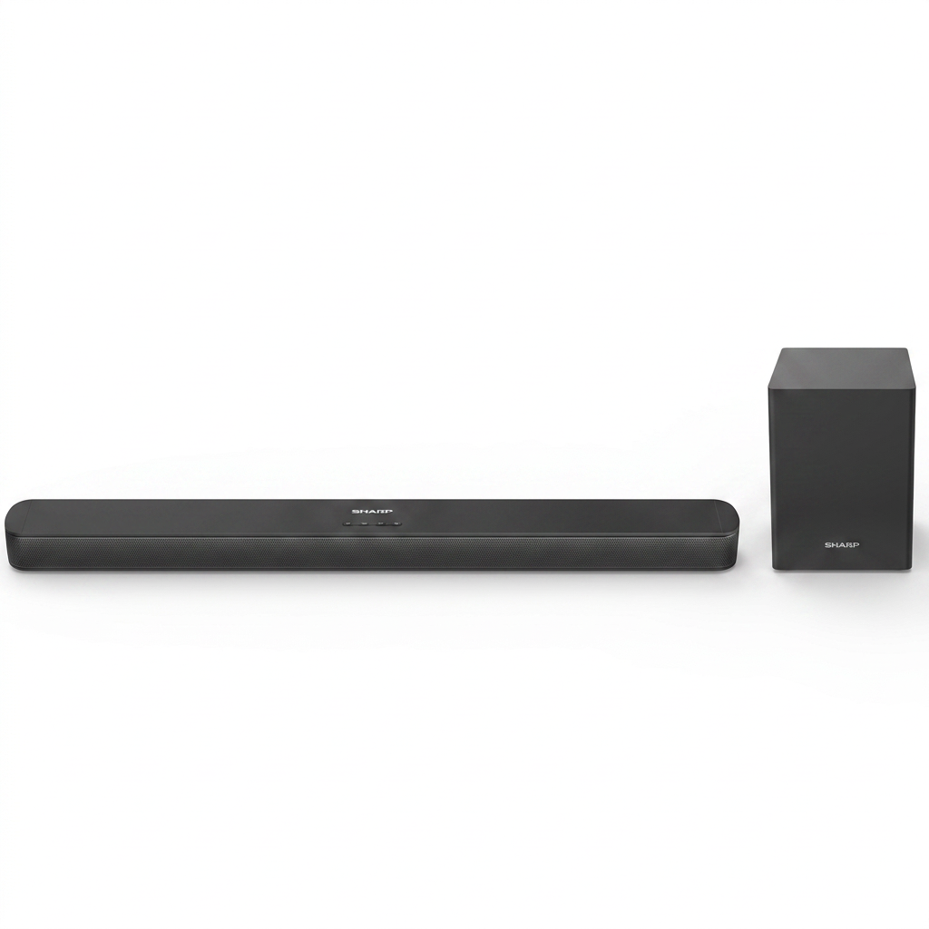 A premium, high-resolution studio photograph of the black SHARP HT-SBW192 soundbar and wireless subwoofer against a pure white background with soft shadows.