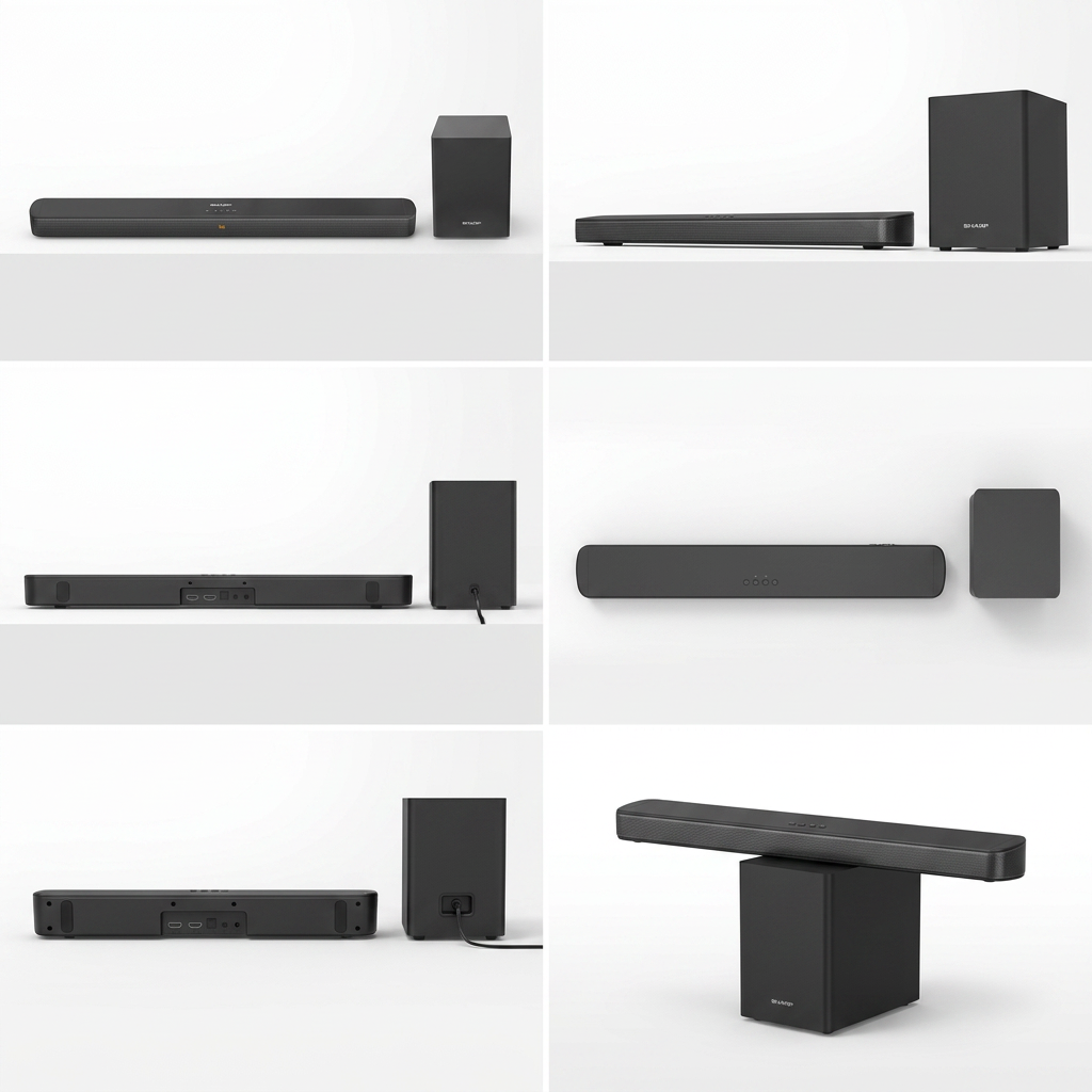A six-panel grid showing various angles of the black SHARP HT-SBW192 soundbar and subwoofer system on a clean white background.