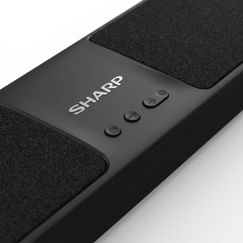 Close-up view of the Sharp HT-SBW192 soundbar's top control panel and logo.