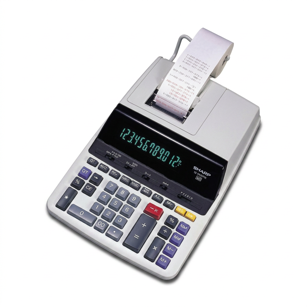 A pure, high-resolution hero shot of the SHARP EL2630PIII 12-digit printing calculator, featuring its light grey body, multi-colored keys, digital display showing '1,234,567,890.12', and paper roll. It is centered on a pure white background with a clean shadow.