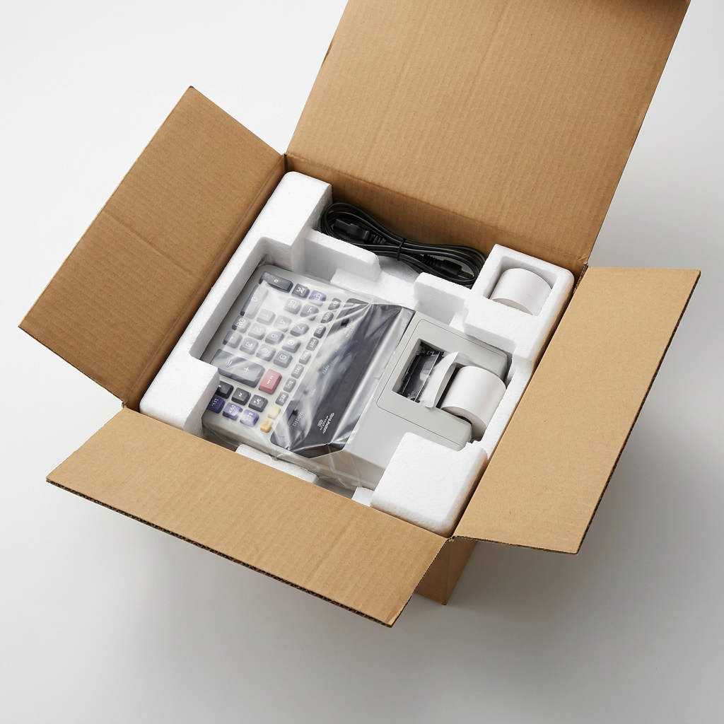 A high-angle photograph of the Sharp EL2630PIII printing calculator, wrapped in protective plastic, inside a custom foam insert within an open cardboard shipping box, demonstrating secure packaging.
