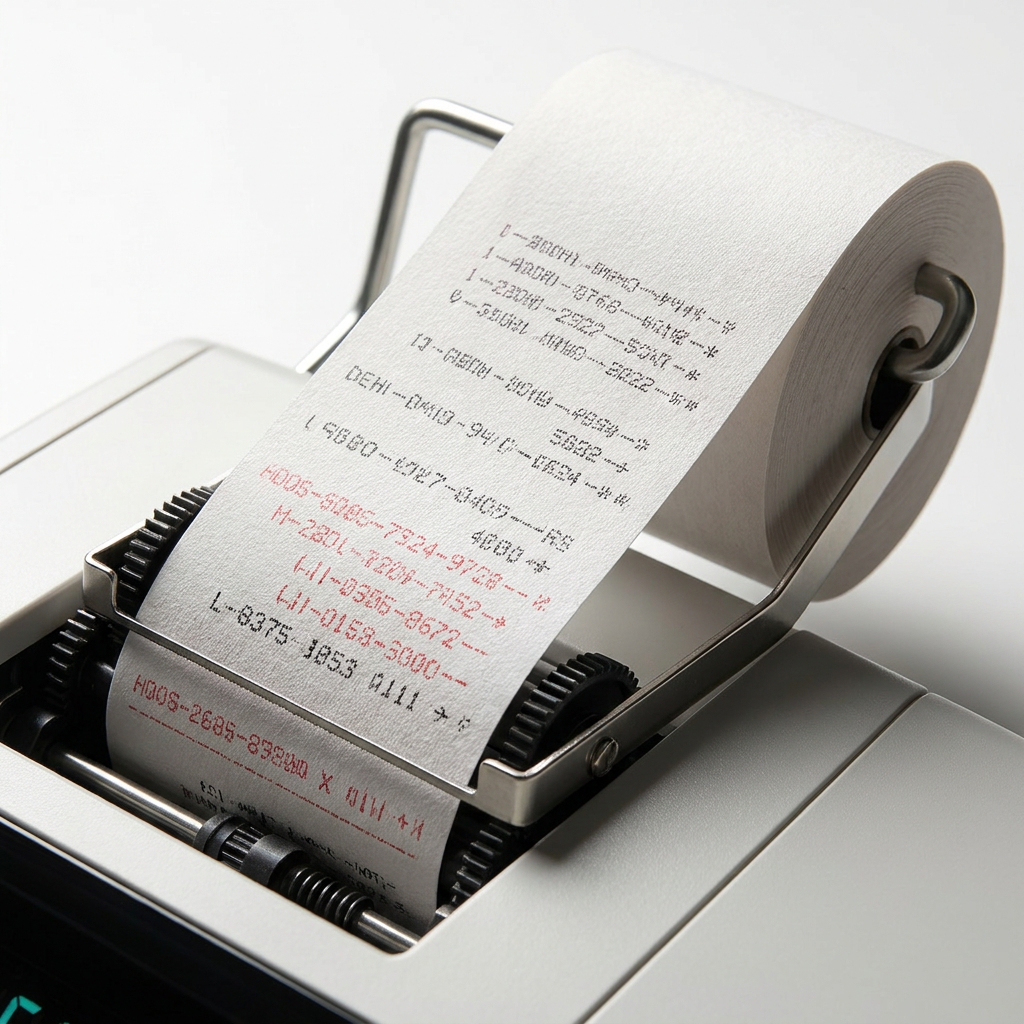 A detailed macro photograph focusing on the printing mechanism and paper roll of the SHARP EL2630PIII calculator, showing the textured paper output with fresh red and black ink print against a clean, minimalist background.