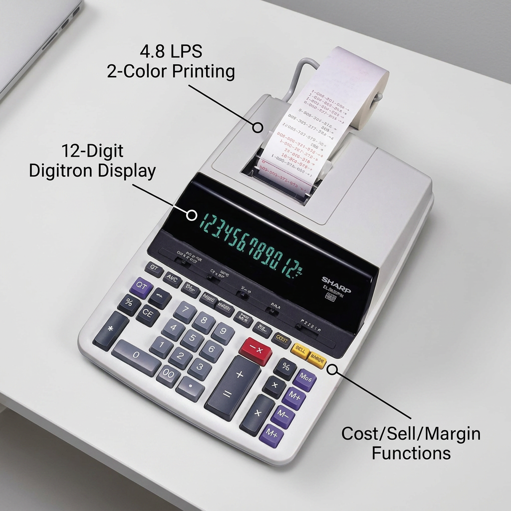 SHARP EL2630PIII calculator with feature callouts for its 2-color printing, 12-digit display, and cost/sell/margin functions in a clean office setting.