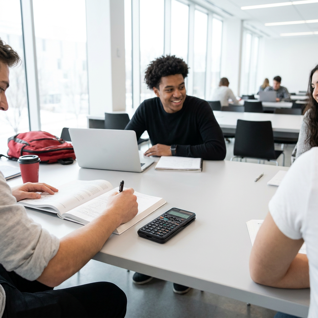 A university student uses the Sharp scientifically calculator in a modern library with friends. The black calculator rests on a clean white table amidst notebooks and a laptop, with natural light and red accents in the background.