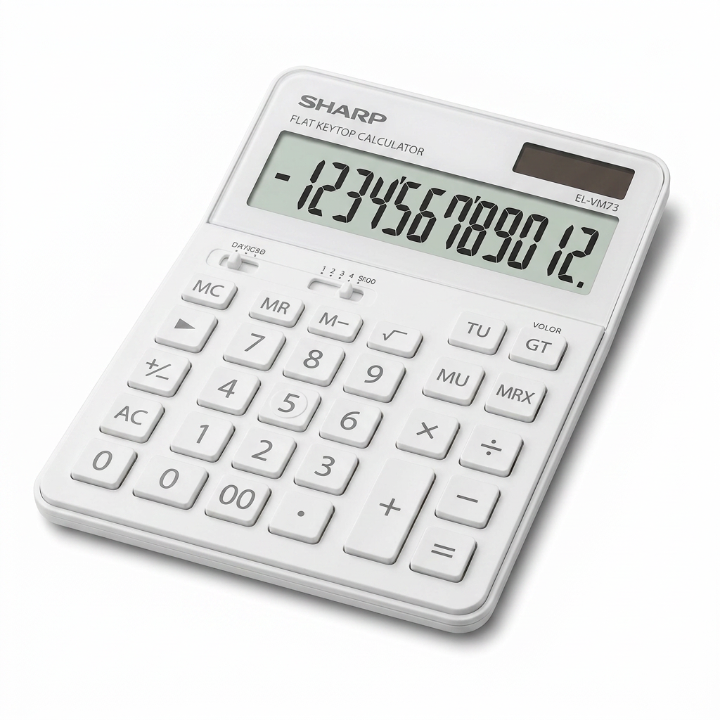 High-resolution hero image of the white SHARP EL-VM73WH 12-Digit Flat Keytop Desktop Calculator. The product is centered on a pure white background with a clean shadow, showcasing its professional design and all manufacturer markings.
