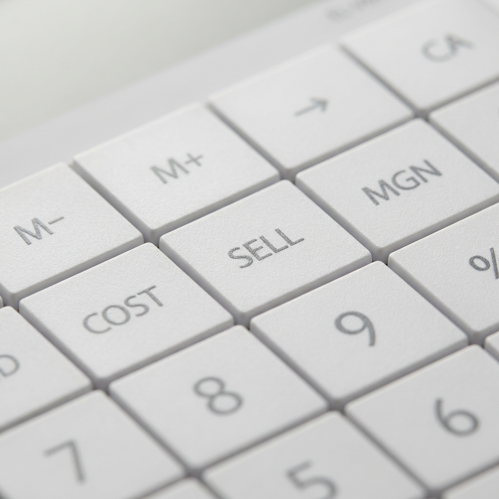 A macro photograph of the Sharp EL-VM73WH calculator keypad. It shows the textured white flat keys and grey printed text for "COST," "SELL," and "MGN" functions with premium lighting.