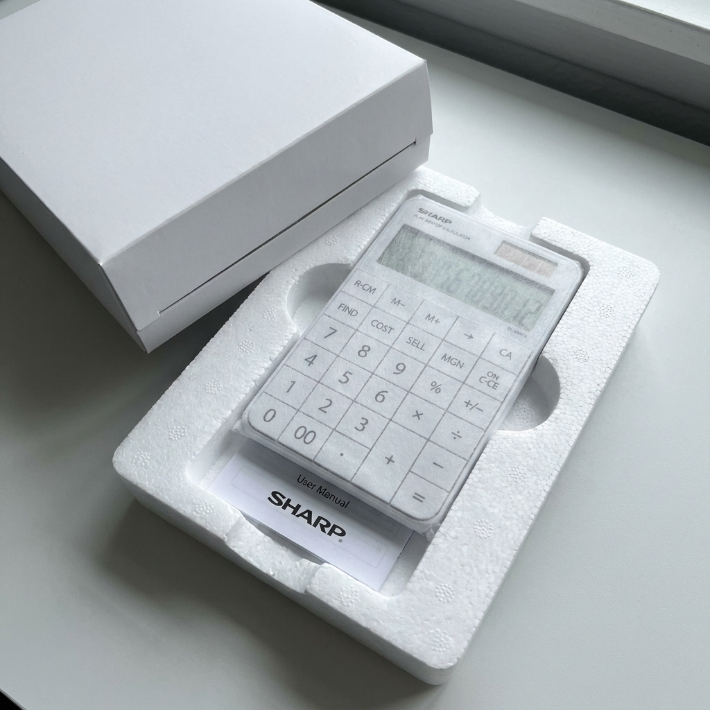 A photograph showing the white Sharp EL-VM73WH calculator from image_0.png securely packed in a custom white foam insert. The foam is inside an open, plain white cardboard box next to a folded Sharp User Manual. The scene is clean, well-lit, and shows the product is protected for shipping.