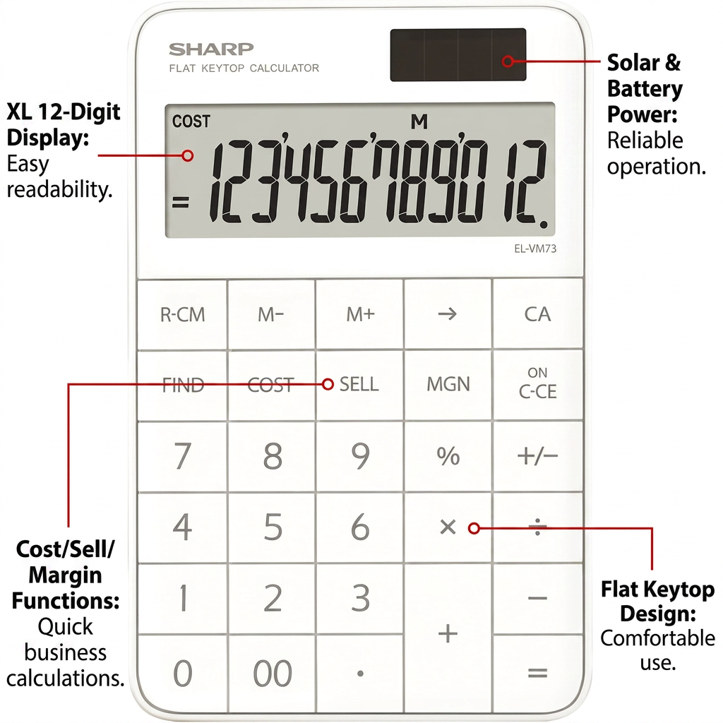 A Sharp EL-VM73WH calculator on a white background. Red pointer lines with circular endpoints connect features to text descriptions: "XL 12-Digit Display: Easy readability," "Solar & Battery Power: Reliable operation," "Cost/Sell/Margin Functions: Quick business calculations," and "Flat Keytop Design: Comfortable use."