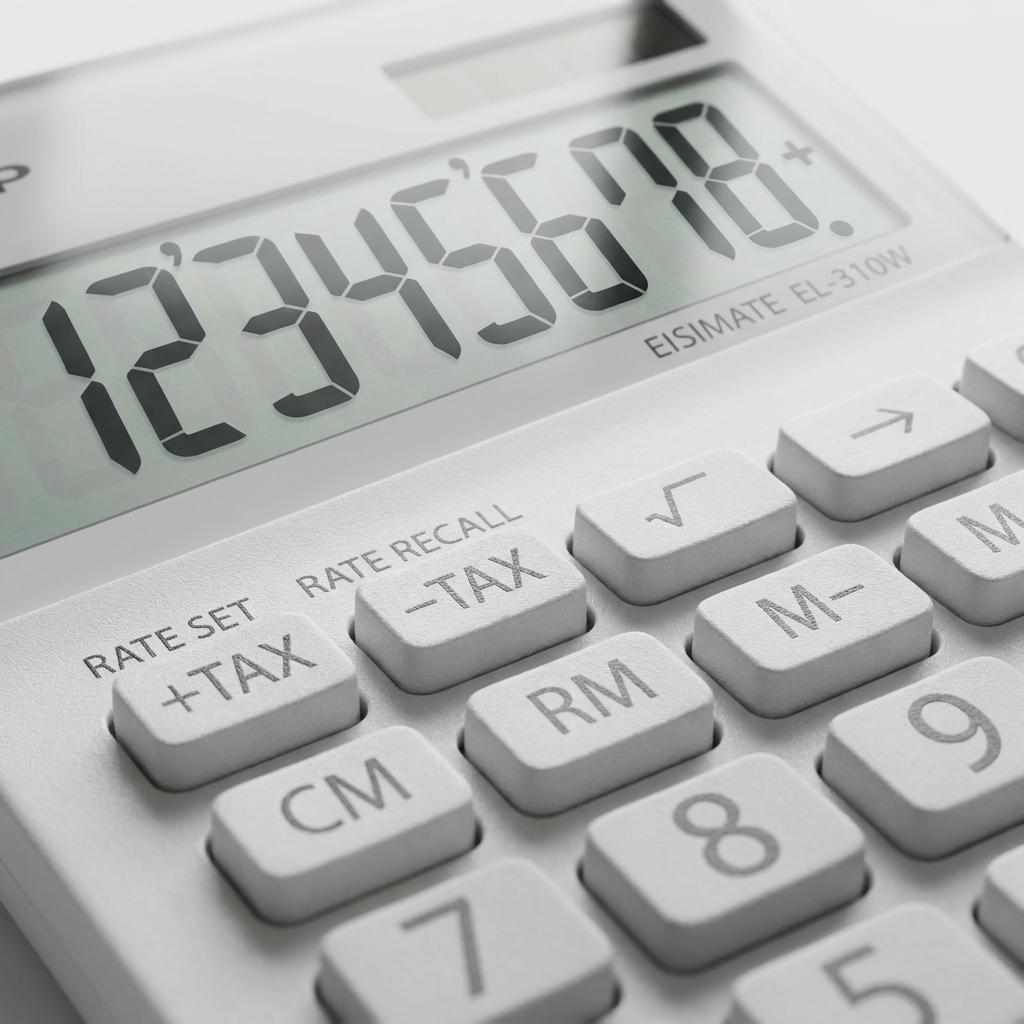 A close-up macro photograph captures the textured buttons and clear LCD screen of the SHARP EL310W white calculator. The image focuses on the "+TAX" and "-TAX" keys and the display showing "123'456'678+".