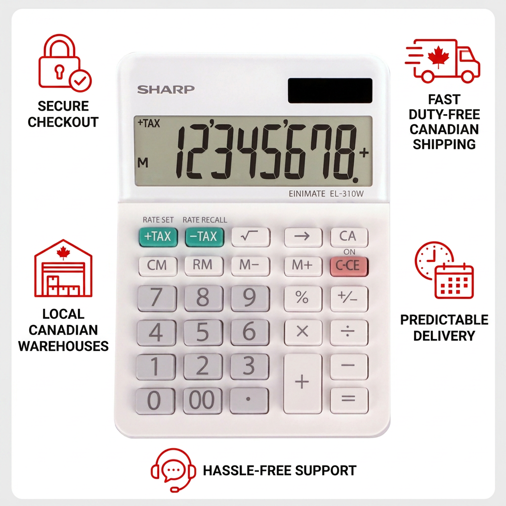 A white SHARP EL310W calculator is the central focus, surrounded by five red icon-and-text panels: "SECURE CHECKOUT" (top-left), "FAST DUTY-FREE CANADIAN SHIPPING" (top-right), "LOCAL CANADIAN WAREHOUSES" (mid-left), "PREDICTABLE DELIVERY" (mid-right), and "HASSLE-FREE SUPPORT" (bottom).