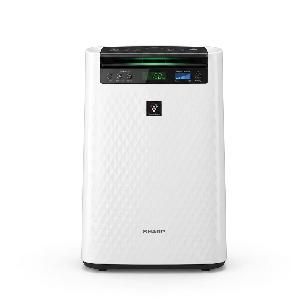 Premium white SHARP KC850U Plasmacluster Air Purifier and Humidifier, front view on pure white background.