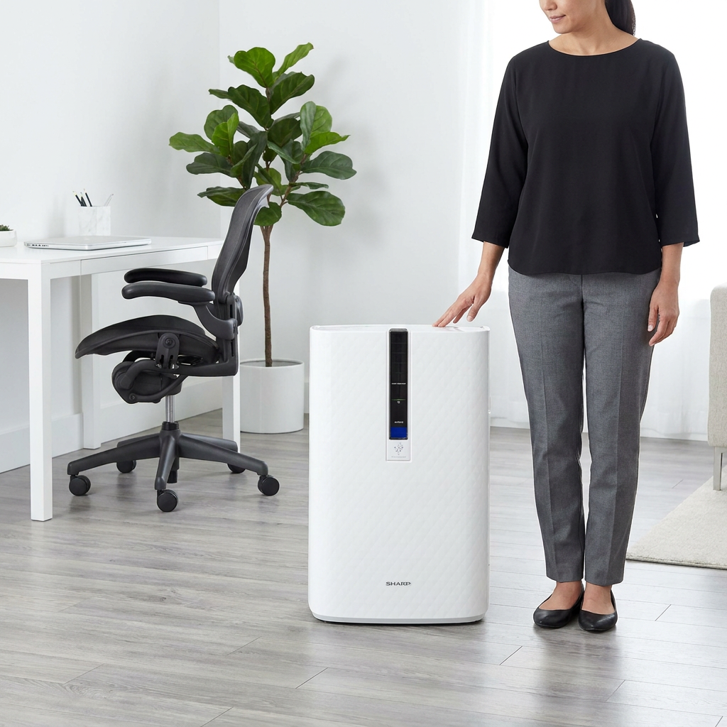 A lifestyle shot shows the Sharp KC850U air purifier beside a woman in a minimalist home office, providing a clear indication of its scale.