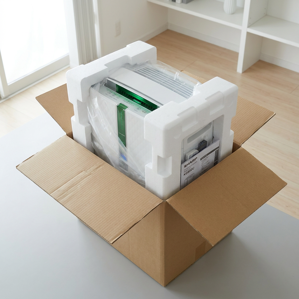A high-angle photograph of the Sharp KC850U air purifier in a secure unboxing scene. The white unit, wrapped in plastic, is cradled by thick, custom-molded foam inserts within a sturdy brown cardboard box, demonstrating premium protection.