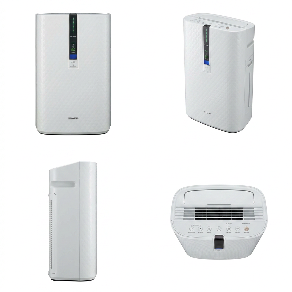 A four-panel e-commerce matrix showing the white Sharp KC850U Air Purifier from the front, angled front, side profile, and top-down views on a clean white background.