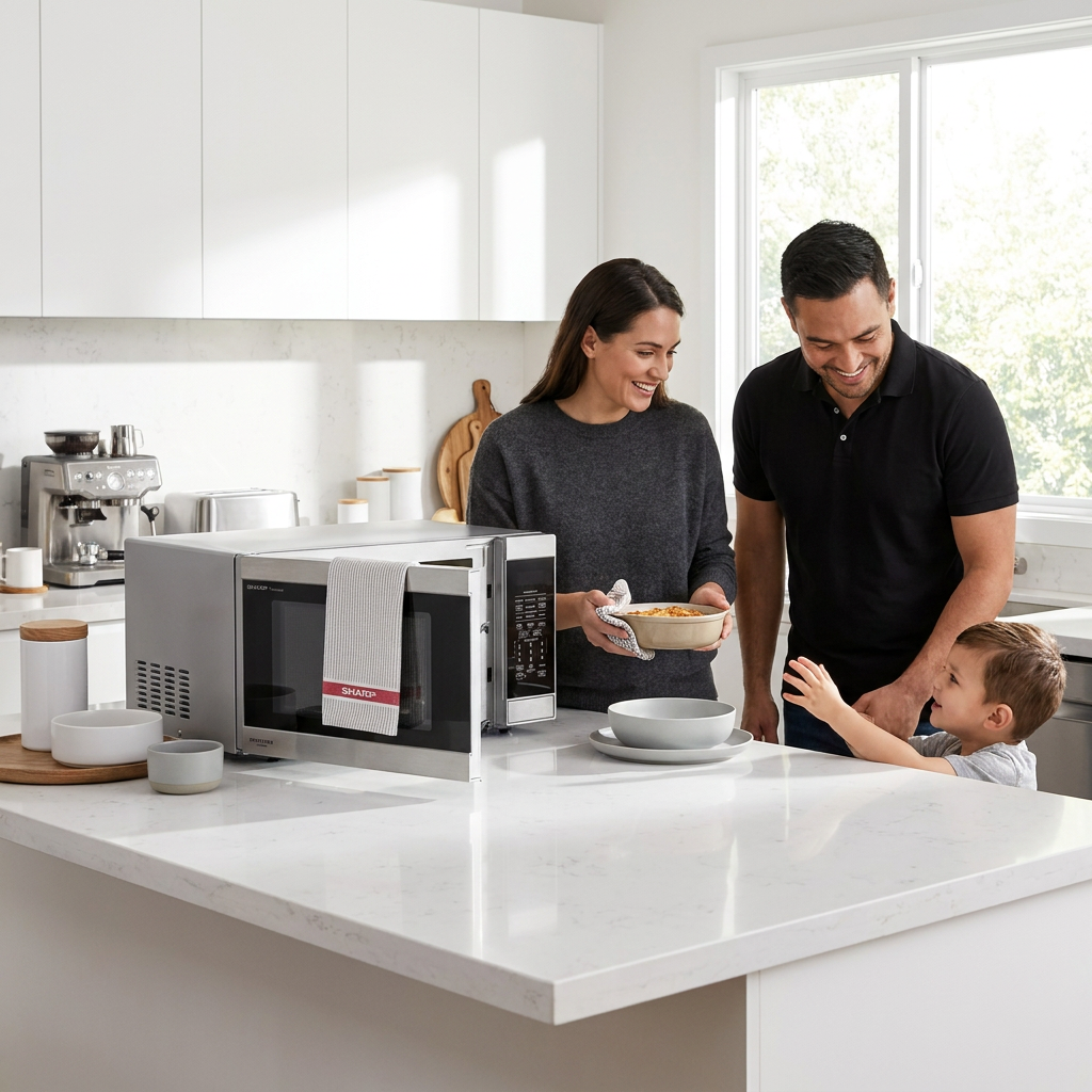 A family shares a meal, with the father serving food from the Sharp SMC2264KSC stainless steel microwave on a kitchen island.