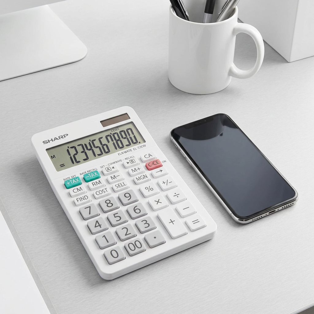 A top-down photograph shows the white SHARP EL330W calculator from the reference image on a light gray desk, next to a black smartphone and a white mug with pens, demonstrating its compact size.