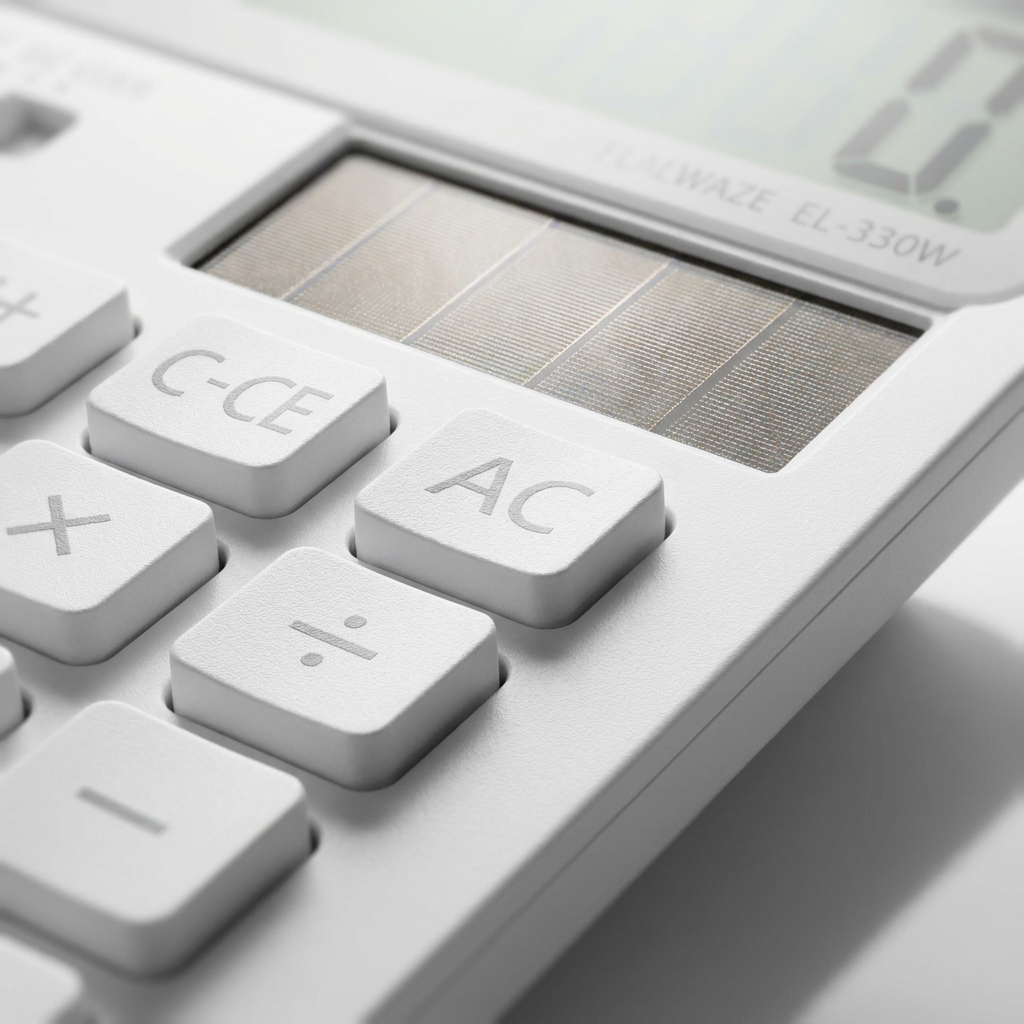 A detailed macro photograph of the solar panel and surrounding buttons on the white SHARP EL330W calculator, emphasizing the quality and texture of the materials.