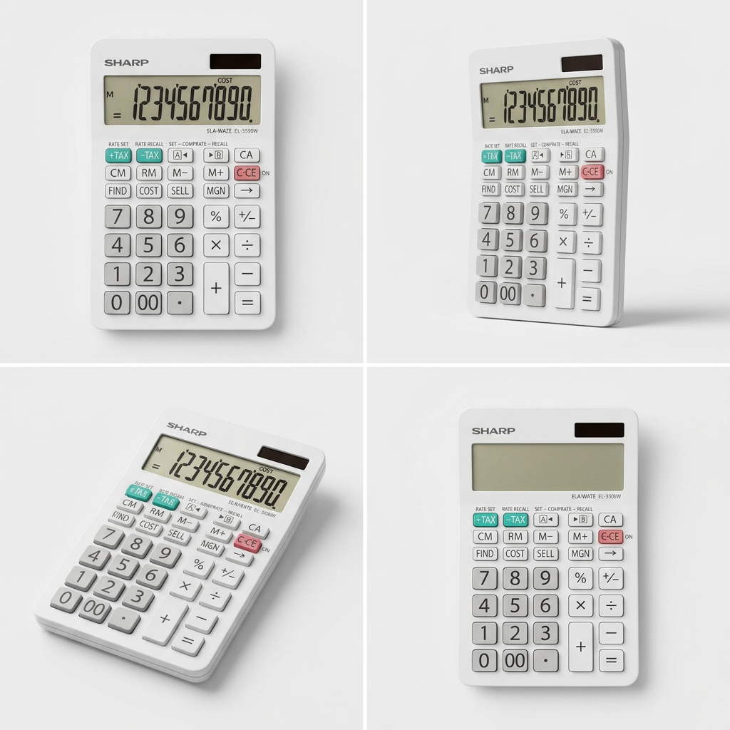 A four-panel grid showing the SHARP EL330W calculator from four different angles: front, right side, left side, and top-down.