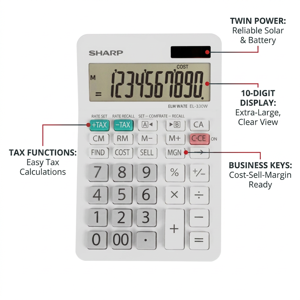 SHARP EL330W white desktop calculator feature callout graphic on a white background, highlighting Twin Power, 10-Digit Display, Tax Functions, and Business Keys with red pointers and dark charcoal text.