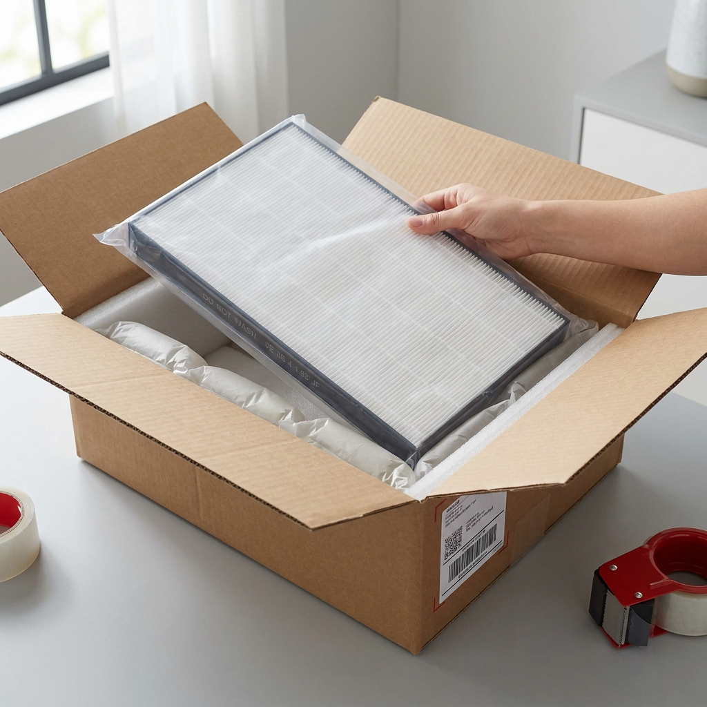 A person is unboxing a new, plastic-wrapped SHARP air purifier filter from a cardboard box lined with protective air cushions. The background is a clean, modern home environment.
