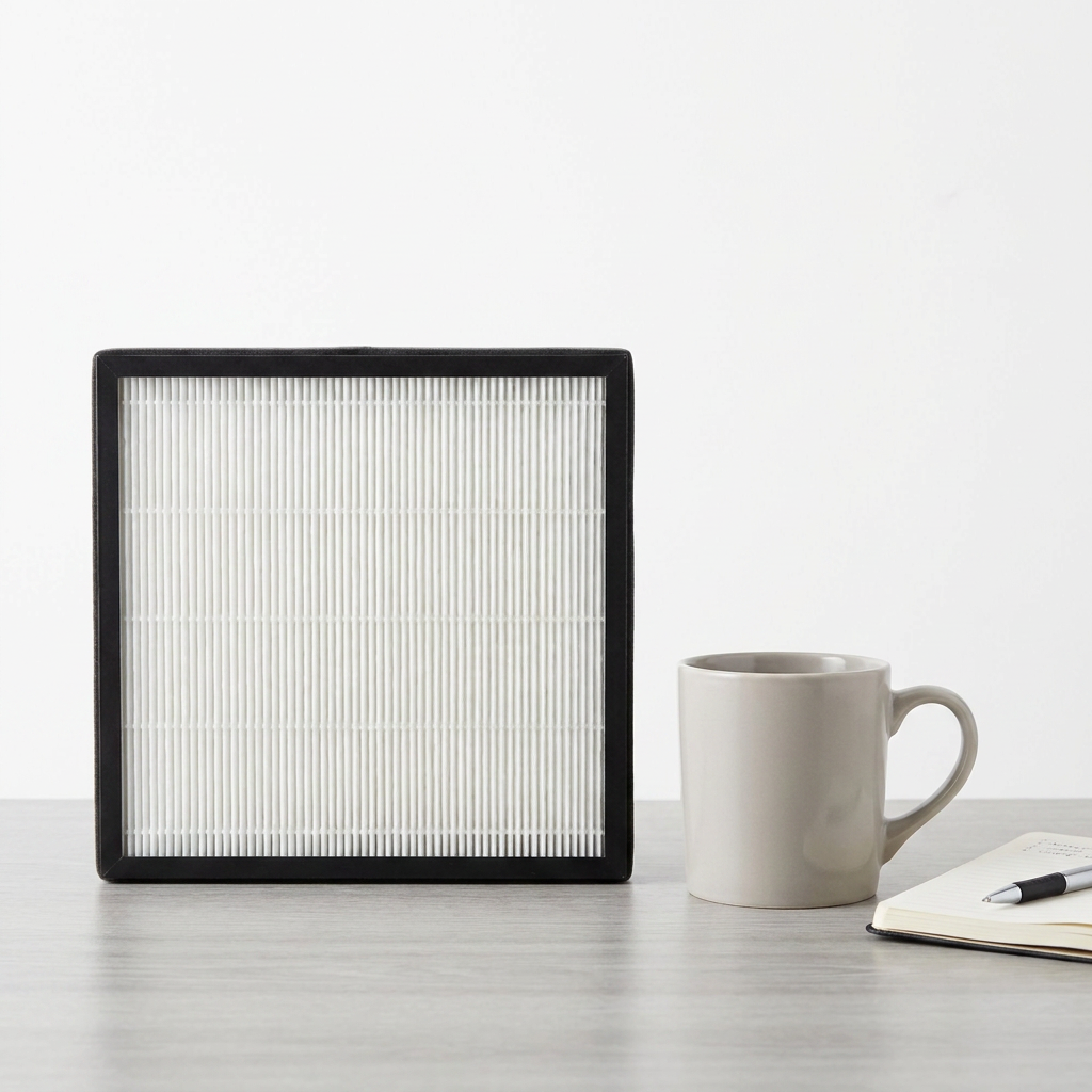SHARP FZ-F50HFU HEPA filter on a light gray desk with a mug and notebook for scale.