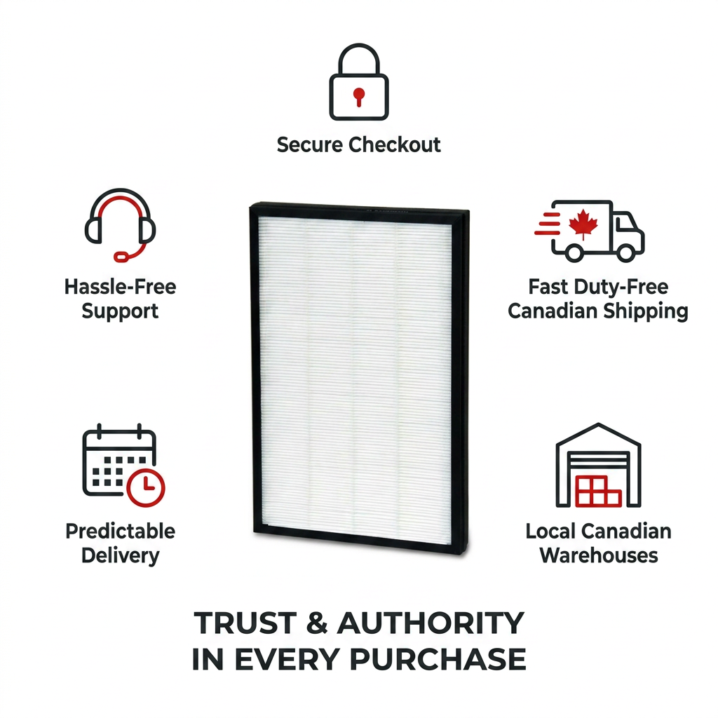 An infographic showing the SHARP FZ-F50HFU filter centrally located on a white background, surrounded by five trust cues. Icons for Secure Checkout, Fast Duty-Free Canadian Shipping, Local Canadian Warehouses, Predictable Delivery, and Hassle-Free Support are presented with black lines and red accents, alongside their respective short text labels.