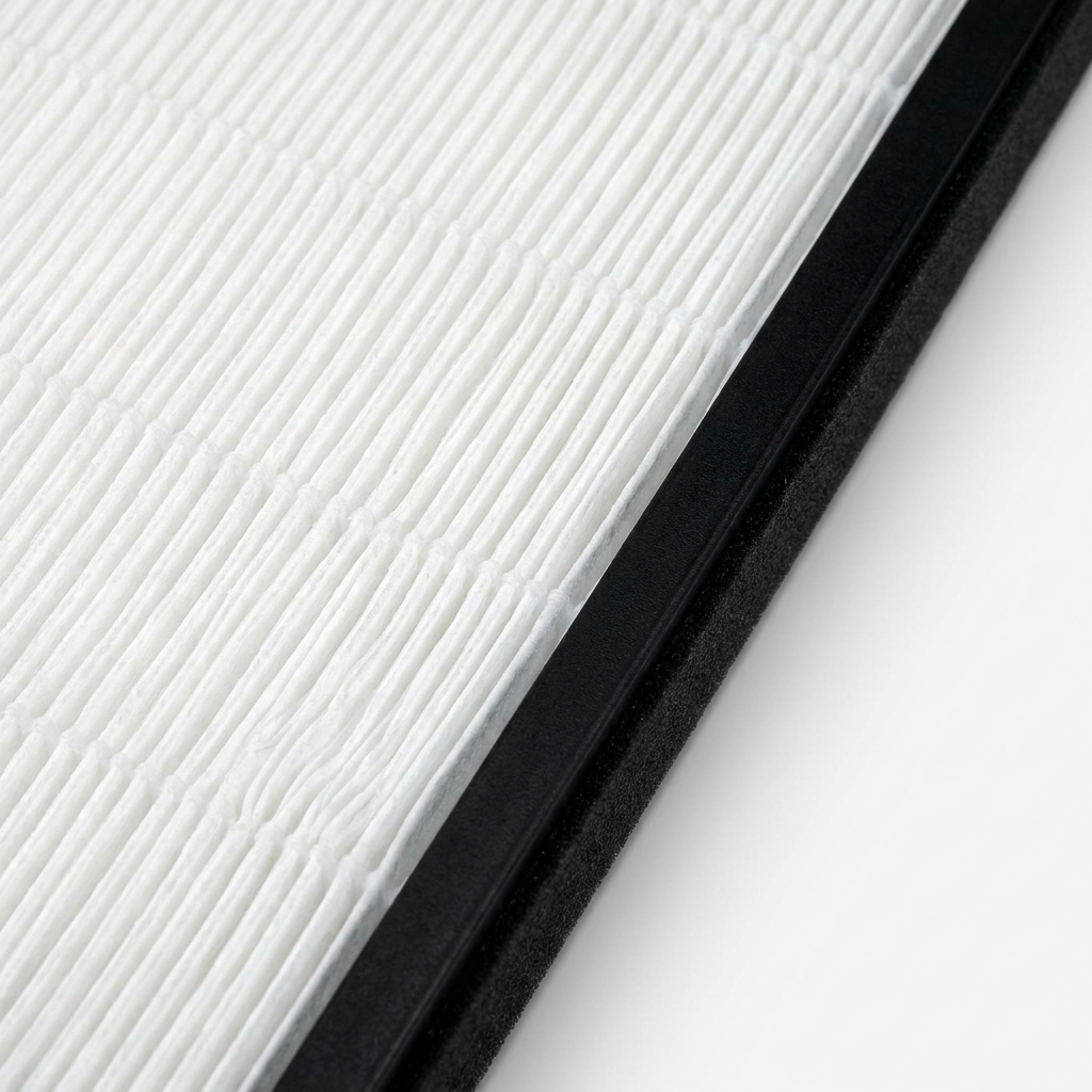 A detailed macro photograph showing the texture and pleats of the SHARP FZ-F50HFU True HEPA replacement filter.