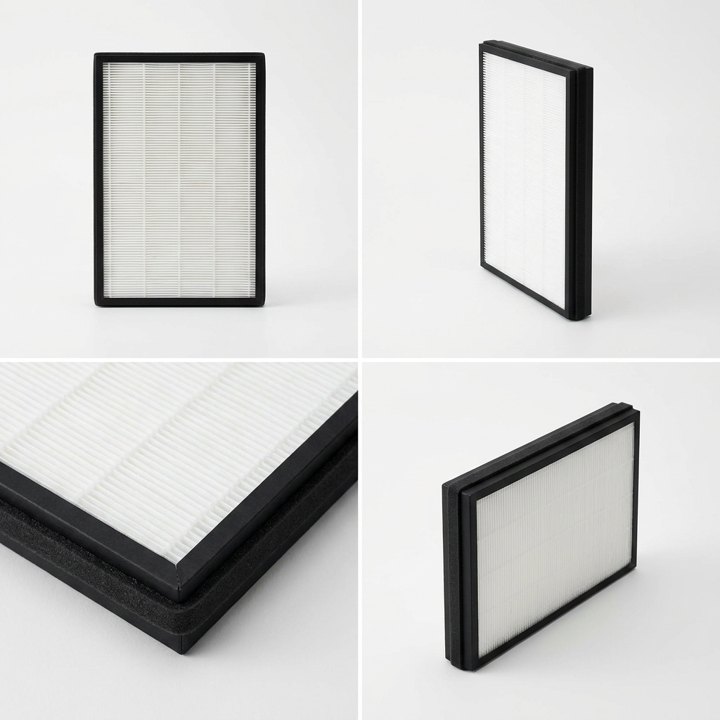 A four-panel grid displays the black-framed Sharp FZ-F50HFU True HEPA replacement filter from multiple angles: a full frontal view, two side profiles, and a detailed close-up of a corner against a clean white studio background.