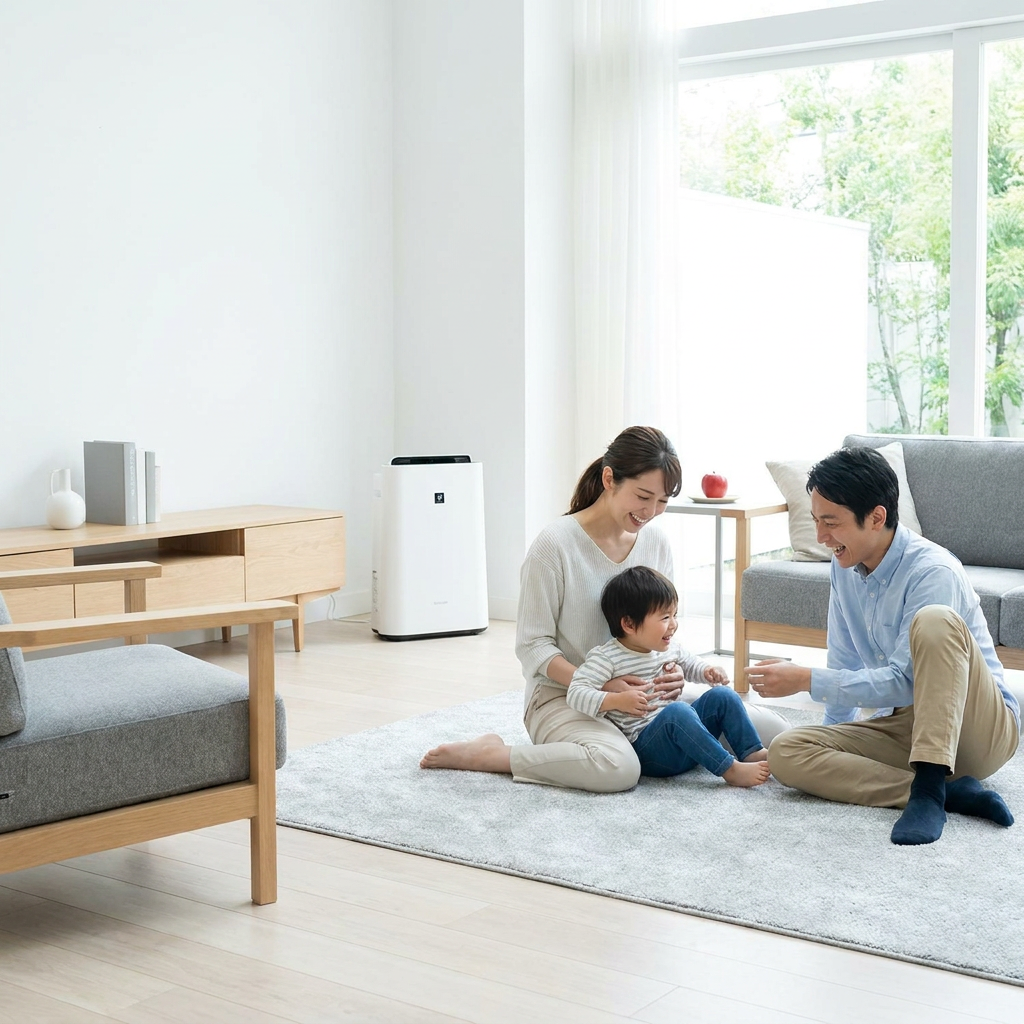 A happy family of three sitting on a rug in a bright, minimalist living room with white walls and light wood furniture. A Sharp KC-860U air purifier is in the background, near a window.