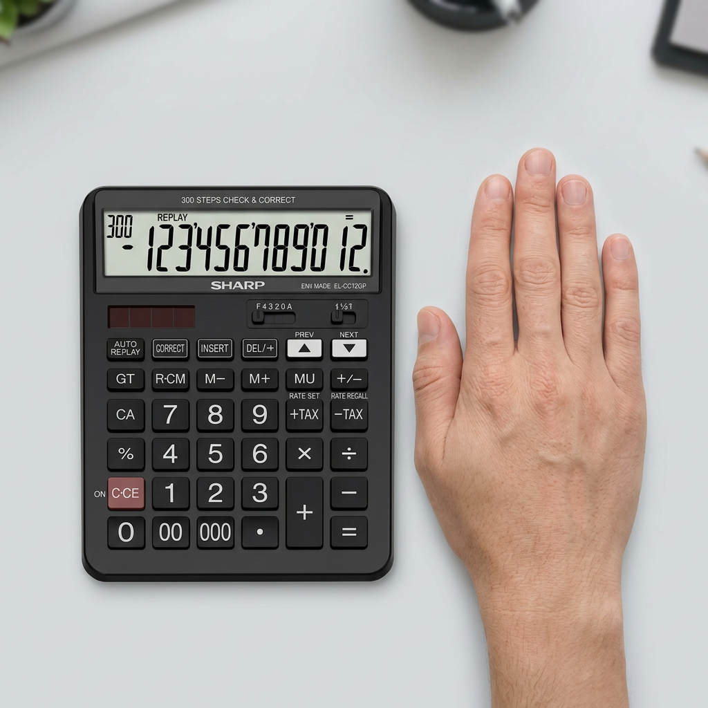 A scale reference image comparing the SHARP EL-CC12GP calculator with an adult human hand.