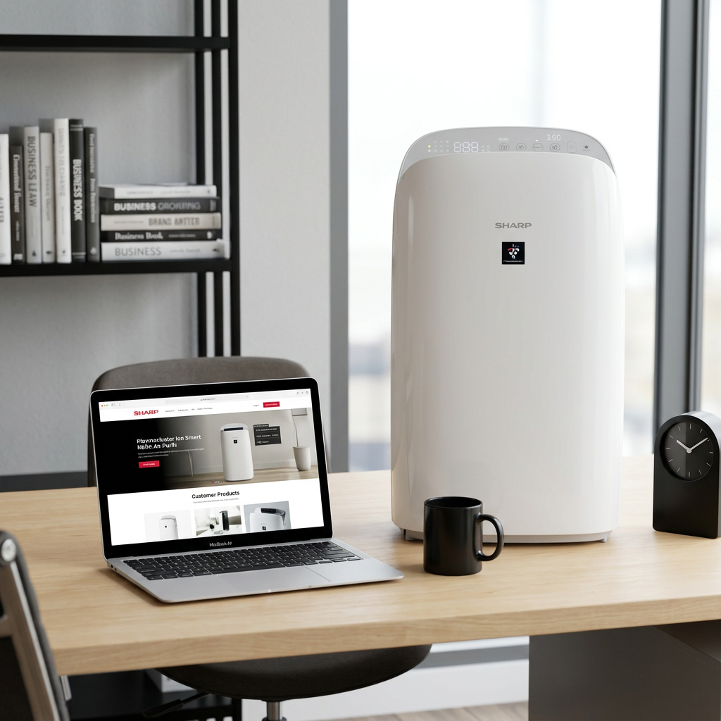 A scale reference image shows the SHARP air purifier and humidifier next to a laptop and mug, highlighting its size on a desk.