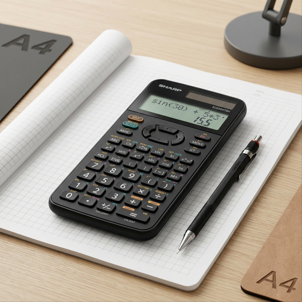 Sharp EL520XTBK Advanced Scientific Calculator, exact match to reference, shown on a desk next to a graph-ruled notebook and pencil for definitive scale context.